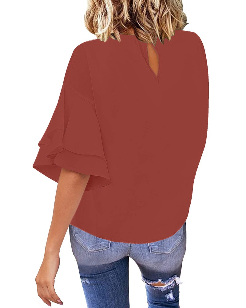 luvamia Women's Casual 3/4 Tiered Bell Sleeve Crewneck Loose Tops Blouses Shirt Tea Rose Size M - Image 2